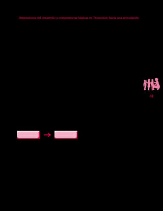 41
Dimensiones del desarrollo y competencias básicas en Transición: hacia una articulación
De acuerdo con esta síntesis,se encuentra
que en la promoción de la calidad educati-
va se apela en cuanto a su fundamentación
teórica, al desarrollo de competencias,
siendo este el punto de partida para pensar
en el mejoramiento de la educación en to-
dos sus niveles; mientras que la promoción
del desarrollo infantil es un referente a partir
del cual las dimensiones adquirieron senti-
do y se constituyeron en un aspecto central
para la propuesta de educación preescolar
aún vigente, donde se contempla el desa-
rrollo por dimensiones.
La propuesta que con este documento se
está haciendo, es la de transcender de una
concepción del desarrollo en los niños sola-
mente por dimensiones,a concebir también
el desarrollo de las competencias; para lo
cual es importante aclarar que el enfoque
del desarrollo por dimensiones, no exime
otras consideraciones del desarrollo mismo,
es decir, el hecho de saber que las compe-
tencias también se desarrollan en la pri-
mera infancia.
Para que el desarrollo de competencias
ocurra, es condición necesaria que el niño
cuente con ambientes relacionales propi-
cios y oportunos, en los cuales las compe-
tencias se desplieguen y transformen de
manera simultánea,con base en lo anterior,
cobra relevancia el contexto escolar y las
prácticas educativas que allí se despliegan,
debido a su incidencia sobre el desarrollo
de los niños.
En relación con el Desarrollo Infantil,
Aprender y Jugar,conserva y a la vez en-
riquece la noción de desarrollo mediante
una conceptualización sólida de las compe-
tencias básicas para el mencionado grado
escolar. El desarrollo es entendido no solo
como proceso integral,en tanto comprende
varias dimensiones, sino también como un
proceso de reconstrucción y reorganización
permanente, no lineal dado que manifiesta
avances y retrocesos, sin un punto cero de
inicio ni tampoco un punto final de culmi-
nación. En tal sentido, el niño es entendido
no solo como protagonista activo, sino tam-
bién como poseedor de múltiples compe-
tencias que ha desarrollado desde muy tem-
prano en la vida,con las cuales se enfrenta a
situaciones y problemas cotidianos.
Al hablar de calidad educativa, se obser-
va que la búsqueda de ésta ha implicado un
proceso permanente y es por ello que en el
contexto nacional, la Propuesta Curricular
elaborada en el marco del proyecto Grado
Cero. Tal proyecto en su momento aportó
la fundamentación técnica y teórica para
construir y motivar acciones tendientes a
mejorar la calidad de la educación preesco-
lar obligatoria.
La incorporación de la perspectiva de
competencias en el sector educativo,amplia-
mente extendida en el mundo,ha propiciado
sumar esfuerzos teóricos,técnicos y metodo-
lógicos en los distintos niveles de la educa-
ción. Los académicos y grupos de investiga-
ción han adelantado discusiones,producido
documentos y aportado a la comprensión
teórica y conceptual de las competencias,
las cuales han llegado paulatinamente a do-
centes y directivos en las instituciones edu-
cativas del país,encontrando espacio en las
prácticas pedagógicas cotidianas.
 