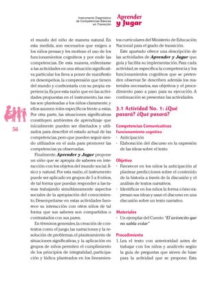 Aprender
y Jugar
56
Instrumento Diagnóstico
de Competencias Básicas
en Transición
el mundo del niño de manera natural. En
esta medida, son escenarios que exigen a
los niños pensar,y les motivan el uso de los
funcionamientos cognitivos y por ende las
competencias. De esta manera, enfrentarse
a las actividades en una situación significati-
va particular los lleva a poner de manifiesto
en desempeños,la comprensión que tienen
del mundo y confrontarla con su propia ex-
periencia.Es por esta razón que en las activi-
dades propuestas en el instrumento,las me-
tas son planteadas a los niños claramente,y
ellos asumen roles específicos frente a estas.
Por otra parte, las situaciones significativas
constituyen ambientes de aprendizaje que
inicialmente pueden ser diseñados y utili-
zados para describir el estado actual de las
competencias,pero que pueden seguir sien-
do utilizados en el aula para promover las
competencias ya observadas.
Finalmente, Aprender y Jugar propone
un niño que se apropia de saberes en inte-
racción con los objetos del mundo social,fí-
sico y natural.Por esta razón,el instrumento
puede ser aplicado en grupos de 5 a 8 niños,
de tal forma que puedan responder a las ta-
reas trabajando simultáneamente aspectos
sociales de la apropiación del conocimien-
to. Desempeñarse en estas actividades favo-
rece su interacción con otros niños de tal
forma que sus saberes son compartidos o
contrastados con sus pares.
En términos generales,la creación de con-
textos como el juego,las narraciones y la re-
solución de problemas,el planteamiento de
situaciones significativas, y la aplicación en
grupos de niños permiten el cumplimiento
de los principios de integralidad, participa-
ción y lúdica planteados en los lineamien-
tos curriculares del Ministerio de Educación
Nacional para el grado de transición.
Este apartado ofrece una descripción de
las actividades de Aprender y Jugar que
guía y facilita su implementación.Para cada
actividad,se especifica la competencia y los
funcionamientos cognitivos que se preten-
den observar. Se describen además los ma-
teriales necesarios, sus objetivos y el proce-
dimiento paso a paso para su ejecución. A
continuación se presentan las actividades.
3.1	Actividad No. 1: ¿Qué
pasará? ¿Qué pasará?
Competencias Comunicativas
Funcionamiento cognitivo
•	 Anticipación
•	 Elaboración del discurso en la expresión
de las ideas sobre el texto
Objetivo
•	 Favorecer en los niños la anticipación al
plantear predicciones sobre el contenido
de la historia a través de la discusión y el
análisis de textos narrativos.
•	 Identificar en los niños la forma cómo ex-
presan sus ideas y usan el discurso en una
discusión sobre un texto narrativo.
Materiales
•	 Un ejemplar del Cuento “El avioncito que
no sabía volar”
Procedimiento
1.	Lea el texto con anterioridad antes de
trabajar con los niños y analícelo según
la guía de preguntas que sirven de base
para la actividad que se propone. Esta
 