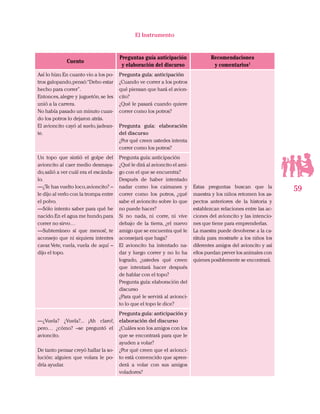 59
El Instrumento
Cuento
Preguntas guía anticipación
y elaboración del discurso
Recomendaciones
y comentarios1
Así lo hizo.En cuanto vio a los po-
tros galopando,pensó:“Debo estar
hecho para correr”.
Entonces,alegre y juguetón,se les
unió a la carrera.
No había pasado un minuto cuan-
do los potros lo dejaron atrás.
El avioncito cayó al suelo, jadean-
te.
Pregunta guía: anticipación
¿Cuando ve correr a los potros
qué piensan que hará el avion-
cito?
¿Qué le pasará cuando quiere
correr como los potros?
Pregunta guía: elaboración
del discurso
¿Por qué creen ustedes intenta
correr como los potros?
Estas preguntas buscan que la
maestra y los niños retomen los as-
pectos anteriores de la historia y
establezcan relaciones entre las ac-
ciones del avioncito y las intencio-
nes que tiene para emprenderlas.
La maestra puede devolverse a la ca-
rátula para mostrarle a los niños los
diferentes amigos del avioncito y así
ellos puedan prever los animales con
quienes posiblemente se encontrará.
Un topo que sintió el golpe del
avioncito al caer medio desmaya-
do,salió a ver cuál era el escánda-
lo.
—¿Te has vuelto loco,avioncito? –
le dijo al verlo con la trompa entre
el polvo.
—Sólo intento saber para qué he
nacido.En el agua me hundo,para
correr no sirvo…
—Subterráneo sí que menos!, te
aconsejo que ni siquiera intentes
cavar.Vete, vuela, vuela de aquí –
dijo el topo.
Pregunta guía:anticipación
¿Qué le dirá al avioncito el ami-
go con el que se encuentra?
Después de haber intentado
nadar como los caimanes y
correr como los potros, ¿qué
sabe el avioncito sobre lo que
no puede hacer?
Si no nada, ni corre, ni vive
debajo de la tierra, ¿el nuevo
amigo que se encuentra qué le
aconsejará que haga?
El avioncito ha intentado na-
dar y luego correr y no lo ha
logrado, ¿ustedes qué creen
que intentará hacer después
de hablar con el topo?
Pregunta guía: elaboración del
discurso
¿Para qué le servirá al avionci-
to lo que el topo le dice?
—¿Vuela? ¿Vuela?... ¡Ah claro!,
pero… ¿cómo? –se preguntó el
avioncito.
De tanto pensar creyó hallar la so-
lución: alguien que volara le po-
dría ayudar.
Pregunta guía: anticipación y
elaboración del discurso
¿Cuáles son los amigos con los
que se encontrará para que le
ayuden a volar?
¿Por qué creen que el avionci-
to está convencido que apren-
derá a volar con sus amigos
voladores?
 