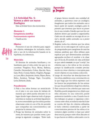 Aprender
y Jugar
70
Instrumento Diagnóstico
de Competencias Básicas
en Transición
3.5 Actividad No. 5:
Vamos a abrir un nuevo
Zoológico
Esta actividad tiene dos momentos:
Momento 1:
Competencia científica
Funcionamiento cognitivo
•	 Clasificación
Objetivo
Promover el uso de criterios para organi-
zar objetos, estrategias de inclusión, exclu-
sión y uso de la información basada en la
hipótesis y la inferencia.
Materiales
50 láminas de animales familiares y no
familiares para el niño, entre los que se en-
cuentran: Pingüino, Foca, Morsa, Ballena,
Camello, Dromedario, Cobra, Alacrán, Vaca,
Gato, Perro, Conejo, Ratón, Chigüiro, Papaga-
yo,Loro,Mico,Serpiente,Araña,Pájaro,Rana,
Búho, Avestruz, Tortuga, Tigre, Cocodrilo,
León,Elefante,Jirafa.
Procedimiento
1.	Pida a los niños formar un semicírculo
en el piso o en una mesa de trabajo, de
manera que usted pueda ubicarse en un
lugar donde logre observar todo el grupo
mientras se realiza la actividad.Igualmen-
te,es recomendable que los niños puedan
observarse entre sí, con el fin de permitir
que compartan sus conocimientos y así
propiciar la interacción.
2.	Ponga las láminas de animales sobre la
mesa,de manera que puedan verse y pro-
ponga la siguiente consigna: “Entre todo
el grupo hemos reunido una cantidad de
animales, y queremos crear un zoológico.
Imagínense que todos los animales van a
hacer parte de nuestro zoológico, pero lo
primero que tenemos que hacer es poner-
los en sus corrales.Ustedes que son los cui-
dadores tienen que ayudar a organizarlos.
Cada uno de ustedes se encarga de un co-
rral y decide cuáles animales va a poner
dentro de el”.
3.	Registre todos los criterios que los niños
usaron (si no está seguro de cuál es,pue-
de preguntarles pero asegúrese de usar las
mismas palabras que ellos utilizan para
explicar por qué determinados animales
agrupados reciben el nombre o la clase
que él les da.El sentido de esta actividad
es que usted constate,no que“corrija”,los
criterios que a los niños se les ocurren,
porque la clasificación consiste precisa-
mente en crear criterios o conceptos para
reunir objetos en una misma colección.
4.	Luego de escuchar las descripciones de
los niños,establezca una conversación en
la que haga que los niños expresen cuá-
les fueron las propiedades de los anima-
les que les permitieron elegir los criterios.
5.	Para conocer si los criterios que usan son
flexibles,puede preguntar si un objeto que
ellos ubicaron en una colección, puede
pertenecer también a otra. Cuando los ni-
ños trabajan en grupo y organizan colec-
ciones entre ellos,es todavía más fácil dar-
se cuenta del tipo de criterios utilizados,
si hubo criterios construidos a partir de
conocimientos previos de los niños, si in-
ventaron algún nombre o clase que usted
desconocía;porque entre ellos discuten si
lo que hacen es válido o adecuado o no lo
 