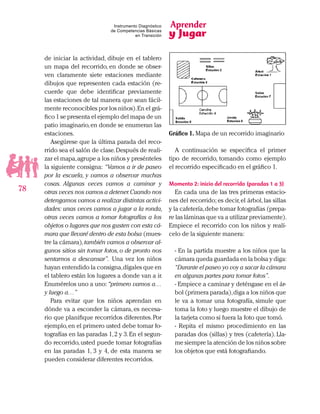 Aprender
y Jugar
78
Instrumento Diagnóstico
de Competencias Básicas
en Transición
de iniciar la actividad, dibuje en el tablero
un mapa del recorrido, en donde se obser-
ven claramente siete estaciones mediante
dibujos que representen cada estación (re-
cuerde que debe identificar previamente
las estaciones de tal manera que sean fácil-
mente reconocibles por los niños).En el grá-
fico 1 se presenta el ejemplo del mapa de un
patio imaginario,en donde se enumeran las
estaciones.
Asegúrese que la última parada del reco-
rrido sea el salón de clase.Después de reali-
zar el mapa,agrupe a los niños y presénteles
la siguiente consigna: “Vamos a ir de paseo
por la escuela, y vamos a observar muchas
cosas. Algunas veces vamos a caminar y
otras veces nos vamos a detener.Cuando nos
detengamos vamos a realizar distintas activi-
dades: unas veces vamos a jugar a la ronda,
otras veces vamos a tomar fotografías a los
objetos o lugares que nos gusten con esta cá-
mara que llevaré dentro de esta bolsa (mues-
tre la cámara),también vamos a observar al-
gunos sitios sin tomar fotos,o de pronto nos
sentarnos a descansar”. Una vez los niños
hayan entendido la consigna,dígales que en
el tablero están los lugares a donde van a ir.
Enumérelos uno a uno: “primero vamos a…
y luego a…”
Para evitar que los niños aprendan en
dónde va a esconder la cámara, es necesa-
rio que planifique recorridos diferentes.Por
ejemplo,en el primero usted debe tomar fo-
tografías en las paradas 1,2 y 3.En el segun-
do recorrido, usted puede tomar fotografías
en las paradas 1, 3 y 4, de esta manera se
pueden considerar diferentes recorridos.
Gráfico 1. Mapa de un recorrido imaginario
A continuación se especifica el primer
tipo de recorrido, tomando como ejemplo
el recorrido especificado en el gráfico 1.
Momento 2: inicio del recorrido (paradas 1 a 3)
En cada una de las tres primeras estacio-
nes del recorrido; es decir,el árbol,las sillas
y la cafetería,debe tomar fotografías (prepa-
re las láminas que va a utilizar previamente).
Empiece el recorrido con los niños y realí-
celo de la siguiente manera:
- En la partida muestre a los niños que la
cámara queda guardada en la bolsa y diga:
“Durante el paseo yo voy a sacar la cámara
en algunas partes para tomar fotos”.
- Empiece a caminar y deténgase en el ár-
bol (primera parada),diga a los niños que
le va a tomar una fotografía, simule que
toma la foto y luego muestre el dibujo de
la tarjeta como si fuera la foto que tomó.
- Repita el mismo procedimiento en las
paradas dos (sillas) y tres (cafetería). Lla-
me siempre la atención de los niños sobre
los objetos que está fotografiando.
 