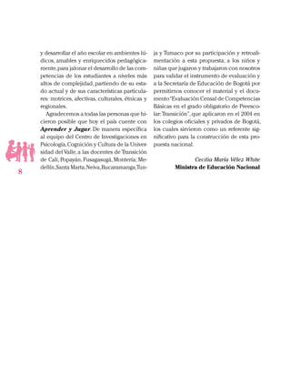 8
y desarrollar el año escolar en ambientes lú-
dicos, amables y enriquecidos pedagógica-
mente,para jalonar el desarrollo de las com-
petencias de los estudiantes a niveles más
altos de complejidad, partiendo de su esta-
do actual y de sus características particula-
res: motrices, afectivas, culturales, étnicas y
regionales.
Agradecemos a todas las personas que hi-
cieron posible que hoy el país cuente con
Aprender y Jugar. De manera específica
al equipo del Centro de Investigaciones en
Psicología,Cognición y Cultura de la Univer-
sidad del Valle,a las docentes de Transición
de Cali, Popayán, Fusagasugá, Montería; Me-
dellín,Santa Marta,Neiva,Bucaramanga,Tun-
ja y Tumaco por su participación y retroali-
mentación a esta propuesta; a los niños y
niñas que jugaron y trabajaron con nosotros
para validar el instrumento de evaluación y
a la Secretaría de Educación de Bogotá por
permitirnos conocer el material y el docu-
mento“Evaluación Censal de Competencias
Básicas en el grado obligatorio de Preesco-
lar:Transición”,que aplicaron en el 2004 en
los colegios oficiales y privados de Bogotá,
los cuales sirvieron como un referente sig-
nificativo para la construcción de esta pro-
puesta nacional.
Cecilia María Vélez White
Ministra de Educación Nacional
 