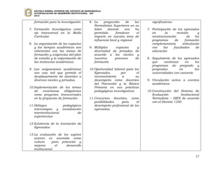ESCUELA NORMAL SUPERIOR DEL DISTRITO DE BARRANQUILLA
   AUTOEVALUACION DE DESEMPEÑO INSTITUCIONAL - ADI
   2010


   formación para la investigación            8. La     proyección     de    los      significativas.
                                                 Normalistas Superiores en su
7. Formación Investigativa como                  labor    docente      nos   ha    7. Participación de los egresados
   eje transversal en la Malla                   permitido      fortalecer    el      en       la      revisión       y
   Curricular                                    impacto en nuestra área de           reestructuración        de    los
                                                 influencia local y regional          programas       de     formación
8. La organización de los espacios                                                    complementaria       articulando
   y los tiempos académicos son               9. Múltiples    espacios   y            con     las    facultades      de
   coherentes con las metas de                   diversidad de jornadas de            educación
   formación y exigencias del plan               acuerdo a los niveles y
   de estudio y la organización de               nuestros    procesos   de         8. Seguimiento de los egresados
   las instancias académicas.                    formación                            que     continúan    en    los
                                                                                      programas de pregrado y
9. Las asignaciones académicas                10. Oportunidad laboral para los        posgrados         en       las
   son una red que permite el                     Egresados        por        el      universidades con convenio
   desplazamiento de docentes a                   reconocimiento    a        su
   diversos niveles y jornadas.                   desempeño como docentes          9. Vinculación activa a eventos
                                                  del Preescolar y la Básica          académicos
10. Implementación de los temas                   Primaria en sus prácticas
    de    enseñanza     obligatorios              pedagógicas investigativas       10. Construcción del Sistema de
    como proyectos transversales                                                       Evaluación         Institucional
    en la propuesta de formación.             11. Concursos docentes, como             Normalista – SIEN de acuerdo
                                                  posibilidades   para      el         con el Decreto 1290
11. Diálogos             pedagógicos              desempeño profesional de los
    intercampos y        socialización            egresados.
    interinstitucional              de
    experiencias

12. Existencia de la Asociación de
    Egresados

13. La evaluación de los sujetos
    actores es asumida como
    cultura     para potenciar y
    mejorar       el    desarrollo
    institucional

                                                                                                                    17
 
