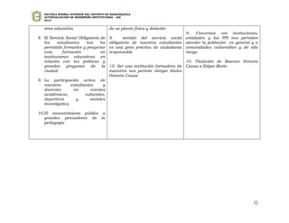 ESCUELA NORMAL SUPERIOR DEL DISTRITO DE BARRANQUILLA
   AUTOEVALUACION DE DESEMPEÑO INSTITUCIONAL - ADI
   2010


   área educativa                         de su planta física y dotación
                                                                                9.. Convenios con instituciones,
8. El Servicio Social Obligatorio de      9.     sentido del servicio social    entidades y las PPI nos permiten
   los    estudiantes     nos     ha      obligatorio de nuestros estudiantes   atender la población en general y a
   permitido formarlos y proyectar        es una gran práctica de ciudadanía    comunidades vulnerables y de alto
   esta      formación            en      responsable                           riesgo
   instituciones educativas en
   relación con las políticas y                                                10. Titulación de Maestro Honoris
   grandes     proyectos    de     la     10. Ser una institución formadora de Causa a Edgar Morín
   ciudad.                                maestros nos permite otorgar títulos
                                          Honoris Causa
9. La participación activa de
   nuestros      estudiantes     y
   docentes       en       eventos
   académicos,          culturales,
   deportivos       y     sociales
   investigativa

10. El reconocimiento público a
    grandes pensadores de la
    pedagogía




                                                                                                                22
 