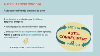 A TEORIA EXPRESSIVISTA
Autoconhecimento através da arte
A verdadeira arte não tem por finalidade
despertar emoções.
A contemplação da arte não deve ser passiva.
O artista partilha a sua experiência com o público.
Artista e público ganham consciência do seu
mundo interior
a arte promove o autoconhecimento
 