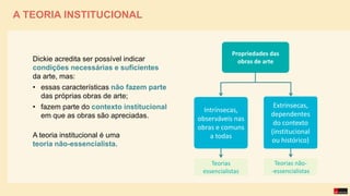 A TEORIA INSTITUCIONAL
Dickie acredita ser possível indicar
condições necessárias e suficientes
da arte, mas:
• essas características não fazem parte
das próprias obras de arte;
• fazem parte do contexto institucional
em que as obras são apreciadas.
A teoria institucional é uma
teoria não-essencialista.
Propriedades das
obras de arte
Intrínsecas,
observáveis nas
obras e comuns
a todas
Extrínsecas,
dependentes
do contexto
(institucional
ou histórico)
Teorias não-
-essencialistas
Teorias
essencialistas
 