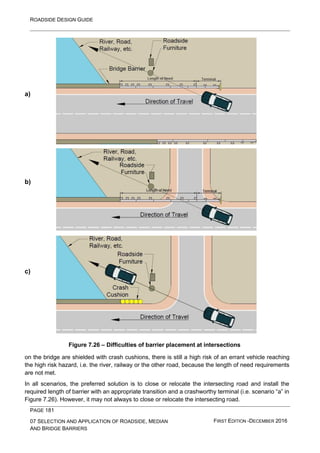 ROADSIDE DESIGN GUIDE
PAGE 181
07 SELECTION AND APPLICATION OF ROADSIDE, MEDIAN
AND BRIDGE BARRIERS
FIRST EDITION -DECEMBER 2016
a)
b)
c)
Figure 7.26 – Difficulties of barrier placement at intersections
on the bridge are shielded with crash cushions, there is still a high risk of an errant vehicle reaching
the high risk hazard, i.e. the river, railway or the other road, because the length of need requirements
are not met.
In all scenarios, the preferred solution is to close or relocate the intersecting road and install the
required length of barrier with an appropriate transition and a crashworthy terminal (i.e. scenario “a” in
Figure 7.26). However, it may not always to close or relocate the intersecting road.
 