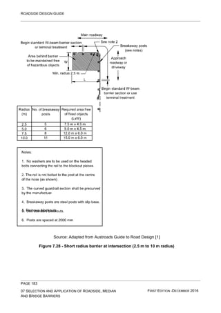 ROADSIDE DESIGN GUIDE
PAGE 183
07 SELECTION AND APPLICATION OF ROADSIDE, MEDIAN
AND BRIDGE BARRIERS
FIRST EDITION -DECEMBER 2016
Source: Adapted from Austroads Guide to Road Design [1]
Figure 7.28 - Short radius barrier at intersection (2.5 m to 10 m radius)
5. Remove blockouts
 