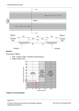 ROADSIDE DESIGN GUIDE
PAGE 187
07 SELECTION AND APPLICATION OF ROADSIDE, MEDIAN
AND BRIDGE BARRIERS
FIRST EDITION -DECEMBER 2016
Solution:
Using Figure 7.30 for:
• ADT: 12,000+12,000 = 24,000 for both directions
• Median Width: 8.0m
A Barrier is recommended.
 