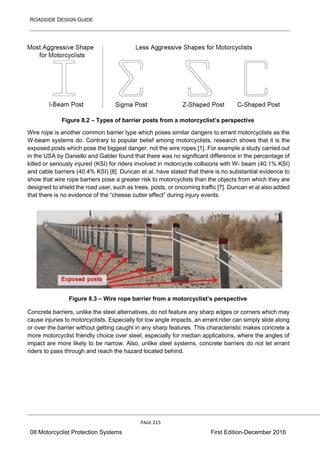 ROADSIDE DESIGN GUIDE
PAGE 215
08 Motorcyclist Protection Systems First Edition-December 2016
Figure 8.2 – Types of barrier posts from a motorcyclist’s perspective
Wire rope is another common barrier type which poses similar dangers to errant motorcyclists as the
W-beam systems do. Contrary to popular belief among motorcyclists, research shows that it is the
exposed posts which pose the biggest danger, not the wire ropes [1]. For example a study carried out
in the USA by Daniello and Gabler found that there was no significant difference in the percentage of
killed or seriously injured (KSI) for riders involved in motorcycle collisions with W- beam (40.1% KSI)
and cable barriers (40.4% KSI) [8]. Duncan et al. have stated that there is no substantial evidence to
show that wire rope barriers pose a greater risk to motorcyclists than the objects from which they are
designed to shield the road user, such as trees, posts, or oncoming traffic [7]. Duncan et al also added
that there is no evidence of the “cheese cutter effect” during injury events.
Figure 8.3 – Wire rope barrier from a motorcyclist’s perspective
Concrete barriers, unlike the steel alternatives, do not feature any sharp edges or corners which may
cause injuries to motorcyclists. Especially for low angle impacts, an errant rider can simply slide along
or over the barrier without getting caught in any sharp features. This characteristic makes concrete a
more motorcyclist friendly choice over steel; especially for median applications, where the angles of
impact are more likely to be narrow. Also, unlike steel systems, concrete barriers do not let errant
riders to pass through and reach the hazard located behind.
 