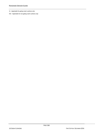 ROADSIDE DESIGN GUIDE
PAGE 268
10 CRASH CUSHIONS FIRST EDITION -DECEMBER 2016
G – Applicable for gating crash cushions only
NG – Applicable for non-gating crash cushions only
 