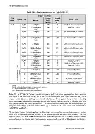 ROADSIDE DESIGN GUIDE
PAGE 269
10 CRASH CUSHIONS FIRST EDITION -DECEMBER 2016
Table 10.2 - Test requirements for TL-3, MASH [3]
Test
Level
Feature Type
Impact Conditions
Impact Point
Vehicle
Impact
Speed
(km/h)
Impact
Angle
(°)
TL-3
Redirective
Crash
Cushions
G/NG 1100kg Car 100 0 Head-on at ¼ vehicle width
G/NG 2270kg Pickup
Truck
100 0 Head on, centre
G/NG 1100kg Car 100 5/15 on the nose of the cushion
G/NG 2270kg Pickup
Truck
100 5/15 on the nose of the cushion
G/NG 1100kg Car 100 15 at the critical impact point
G/NG 2270kg Pickup
Truck
100 25 at the critical impact point
G/NG 2270kg Pickup
Truck
100 25 at the critical impact point
G/NG 2270kg Pickup
Truck
100 25 at the critical impact point
G/NG 1500kg Car 100 0 Head on, centre
Non-Redirective
Crash
Cushions
G 1100 kg Car 100 0 Head-on at ¼ vehicle width
G 2270kg Pickup
Truck
100 0 Head on, centre
G 1100 kg Car 100 5/15 on nose of cushion
G 2270 kg Pickup
Truck
100 5/15 on nose of cushion
G 2270 kg Pickup
Truck
100 20 at critical impact point
G 1500kg Car 100 0 Head on, centre
Notes:
G/NG – Applicable for gating and non-gating crash cushions
G – Applicable for gating crash cushions only
NG – Applicable for non-gating crash cushions only
Table 10.1 and Table 10.2 also present the impact point for each test configuration. It can be seen
that some of the tests are carried out at the critical impact point. For crash cushions, the critical
impact point is described as the point where the behaviour of the system changes from redirecting
the impacting vehicle to either capturing the vehicle (for non-gating systems) or allowing it to gate
through the system (for gating systems) [3]. The critical impact point is often first estimated through
computer simulations and then identified through a series of full scale crash tests described in
NCHRP350 and MASH.
All test levels include the testing of cars and light duty commercial vehicles up to the size of a pickup
truck. The pickup truck is similar to many of the four-wheel-drive vehicles currently using the road
network within Abu Dhabi and hence the reliance on the NCHRP350 and MASH test methods. These
test methods do not include tests involving larger vehicles such as single unit trucks and semitrailers.
 