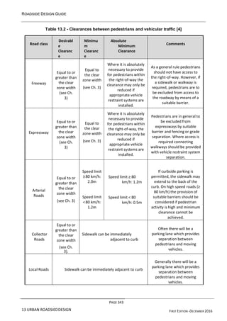 ROADSIDE DESIGN GUIDE
PAGE 343
13 URBAN ROADSIEDDESIGN FIRST EDITION -DECEMBER 2016
Table 13.2 - Clearances between pedestrians and vehicular traffic [4]
Road class
Desirabl
e
Clearanc
e
Minimu
m
Clearanc
e
Absolute
Minimum
Clearance
Comments
Freeway
Equal to or
greater than
the clear
zone width
(see Ch.
3)
Equal to
the clear
zone width
(see Ch. 3)
Where it is absolutely
necessary to provide
for pedestrians within
the right-of-way the
clearance may only be
reduced if
appropriate vehicle
restraint systems are
installed.
As a general rule pedestrians
should not have access to
the right-of-way. However, if
a sidewalk or walkway is
required, pedestrians are to
be excluded from access to
the roadway by means of a
suitable barrier.
Expressway
Equal to or
greater than
the clear
zone width
(see Ch.
3)
Equal to
the clear
zone width
(see Ch. 3)
Where it is absolutely
necessary to provide
for pedestrians within
the right-of-way, the
clearance may only be
reduced if
appropriate vehicle
restraint systems are
installed.
Pedestrians are in general to
be excluded from
expressways by suitable
barrier and fencing or grade
separation. Where access is
required connecting
walkways should be provided
with vehicle restraint system
separation.
Arterial
Roads
Equal to or
greater than
the clear
zone width
(see Ch. 3)
Speed limit
≥80 km/h:
2.0m
Speed limit
<80 km/h:
1.2m
Speed limit ≥ 80
km/h: 1.2m
Speed limit < 80
km/h: 0.5m
If curbside parking is
permitted, the sidewalk may
extend to the back of the
curb. On high speed roads (≥
80 km/h) the provision of
suitable barriers should be
considered if pedestrian
activity is high and minimum
clearance cannot be
achieved.
Collector
Roads
Equal to or
greater than
the clear
zone width
(see Ch.
3).
Sidewalk can be immediately
adjacent to curb
Often there will be a
parking lane which provides
separation between
pedestrians and moving
vehicles.
Local Roads Sidewalk can be immediately adjacent to curb
Generally there will be a
parking lane which provides
separation between
pedestrians and moving
vehicles.
 