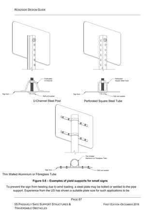ROADSIDE DESIGN GUIDE
PAGE 87
05 PASSIVELY SAFE SUPPORT STRUCTURES &
TRAVERSABLE OBSTACLES
FIRST EDITION -DECEMBER 2016
U-Channel Steel Post Perforated Square Steel Tube
Thin Walled Aluminium or Fibreglass Tube
Figure 5.6 – Examples of yield supports for small signs
To prevent the sign from twisting due to wind loading, a steel plate may be bolted or welded to the pipe
support. Experience from the US has shown a suitable plate size for such applications to be
 