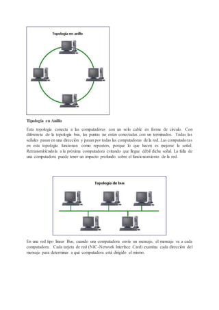 Tipología en Anillo
Esta topología conecta a las computadoras con un solo cable en forma de círculo. Con
diferencia de la topología bus, las puntas no están conectadas con un terminados. Todas las
señales pasan en una dirección y pasan por todas las computadoras de la red. Las computadoras
en esta topología funcionan como repeaters, porque lo que hacen es mejorar la señal.
Retransmitiéndola a la próxima computadora evitando que llegue débil dicha señal. La falla de
una computadora puede tener un impacto profundo sobre el funcionamiento de la red.
En una red tipo linear Bus, cuando una computadora envía un mensaje, el mensaje va a cada
computadora. Cada tarjeta de red (NIC-Network Interface Card) examina cada dirección del
mensaje para determinar a qué computadora está dirigido el mismo.
 