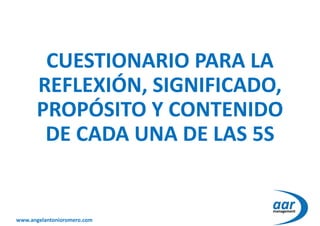 www.angelantonioromero.com
CUESTIONARIO PARA LA
REFLEXIÓN, SIGNIFICADO,
PROPÓSITO Y CONTENIDO
DE CADA UNA DE LAS 5S
 