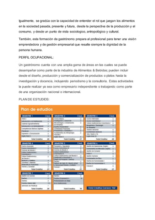 Igualmente, se gradúa con la capacidad de entender el rol que juegan los alimentos 
en la sociedad pasada, presente y futura, desde la perspectiva de la producción y el 
consumo, y desde un punto de vista sociologico, antropológico y cultural. 
También, esta formación de gastrónomo prepara al profesional para tener una visión 
emprendedora y de gestión empresarial que resalte siempre la dignidad de la 
persona humana. 
PERFIL OCUPACIONAL: 
Un gastrónomo cuenta con una amplia gama de áreas en las cuales se puede 
desempeñar como parte de la industria de Alimentos & Bebidas; pueden incluir 
desde el diseño, producción y comercialización de productos o platos hasta la 
investigación y docencia, incluyendo periodismo y la consultoría. Estas actividades 
la puede realizar ya sea como empresario independiente o trabajando como parte 
de una organización nacional o internacional. 
PLAN DE ESTUDIOS: 
 