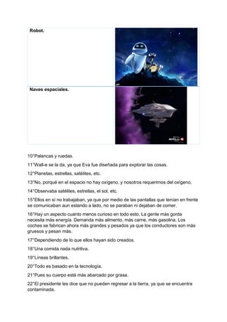 Robot.
Naves espaciales.
10°Palancas y ruedas.
11°Wall-e se la da, ya que Eva fue diseñada para explorar las cosas.
12°Planetas, estrellas, satélites, etc.
13°No, porqué en el espacio no hay oxígeno, y nosotros requerimos del oxígeno.
14°Observaba satélites, estrellas, el sol, etc.
15°Ellos en sí no trabajaban, ya que por medio de las pantallas que tenían en frente
se comunicaban aun estando a lado, no se paraban ni dejaban de comer.
16°Hay un aspecto cuanto menos curioso en todo esto. La gente más gorda
necesita más energía. Demanda más alimento, más carne, más gasolina. Los
coches se fabrican ahora más grandes y pesados ya que los conductores son más
gruesos y pesan más.
17°Dependiendo de lo que ellos hayan sido creados.
18°Una comida nada nutritiva.
19°Líneas brillantes.
20°Todo es basado en la tecnología.
21°Pues su cuerpo está más abarcado por grasa.
22°El presidente les dice que no pueden regresar a la tierra, ya que se encuentra
contaminada.
 