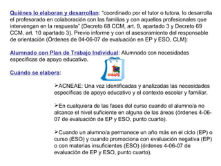 Quiénes lo elaboran y desarrollan: “coordinado por el tutor o tutora, lo desarrolla
el profesorado en colaboración con las familias y con aquellos profesionales que
intervengan en la respuesta” (Decreto 68 CCM, art. 9, apartado 3 y Decreto 69
CCM, art. 10 apartado 3). Previo informe y con el asesoramiento del responsable
de orientación (Órdenes de 04-06-07 de evaluación en EP y ESO, CLM):
Alumnado con Plan de Trabajo Individual: Alumnado con necesidades
específicas de apoyo educativo.
Cuándo se elabora:
ACNEAE: Una vez identificadas y analizadas las necesidades
específicas de apoyo educativo y el contexto escolar y familiar.
En cualquiera de las fases del curso cuando el alumno/a no
alcance el nivel suficiente en alguna de las áreas (órdenes 4-06-
07 de evaluación de EP y ESO, punto cuarto).
Cuando un alumno/a permanece un año más en el ciclo (EP) o
curso (ESO) y cuando promociona con evaluación negativa (EP)
o con materias insuficientes (ESO) (órdenes 4-06-07 de
evaluación de EP y ESO, punto cuarto).
 