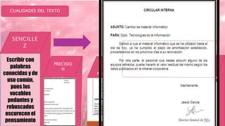 CUALIDADES DEL TEXTO
PRECISIO
N
CLARIDAD
ORIGINALI
DAD
RESPETO
Y
CORTECI
A
Escribir con
palabras
conocidas y de
uso común,
pues los
vocablos
pedantes y
rebuscados
oscurecen el
pensamiento
Incidir
directamente
en el tema,
sin palabras
ni frases
innecesarias,
las ideas se
transmitirán
sin rodeos en
forma directa
No debe
presentarse a
falsas
interpretaciones
. Las oraciones
y los párrafos
debe ser de
poca extencion
para evitar
dudas o
ambigüedades
Cuando se
busca nuevas
formas de decir
las cosas sin
imitar a nadie,
es decir, ser
original pues
cada persona
tiene un estilo
inconfundible y
no siente ni
El tono de la
redacción
debe ser
respetuoso,
cordial ,
capaz de
persivir
positivament
e al lector,
aunque hay
circunstancia
s que oligan
 