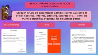 Un buen grupo de documentos administrativos así como el
oficio, solicitud, informe, directiva, contrato etc… tiene de
manera especifica o general las siguientes partes:
Encabezamiento Texto Termino
 