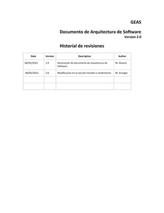 GEAS
Documento de Arquitectura de Software
Version 2.0
Historial de revisiones
Date Version Description Author
06/05/2014 1.0 Generación de documento de arquitectura de
Software.
M. Alvarez
06/05/2014 2.0 Modificación en la sección tamaño y rendimiento M. Granger
 
