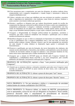 104. Criar mecanismos para o cumprimento, por parte dos dirigentes, de práticas sindicais éticas,
   comprometidas com a categoria, transparentes e visando sempre e unicamente a defesa da
   categoria trabalhadora rural.
105. Cobrar e articular com as bases que trabalhem com seus sócios(as) em reuniões e encontros
   sobre a importância do sindicalismo e dos sindicatos, como forma de valorizar, fortalecer e
   assim construir o movimento sindical que queremos.
106. Orientar e qualificar os dirigentes para que tenham discernimento quando da escolha dos
   componentes da chapa que concorrerá ao pleito eleitoral, de forma a contar com companheiros e
   companheiras pertencentes à categoria e realmente envolvidos e comprometidos com luta,
   cientes da importância do seu papel como sindicalista, evitando aqueles apenas ocupantes de
   cargo, ou que defendam interesses próprios, ou que vejam o sindicato como um meio de vida.
107. Assegurar a obrigatoriedade da formação político-sindical de presidentes, secretários e
   tesoureiros, que terão a tarefa de multiplicar essa formação e qualificação com os demais
   membros da diretoria do sindicato.
108. Qualificar dirigentes no que se refere às contratações de funcionários de sindicatos, buscando
   os que se identifiquem com a categoria trabalhadora rural e com suas lutas, de forma que
   possam melhor cooperar, orientar, informar e buscar o que for mais apropriado aos sócios(as)
   em cada situação. E ainda, obedecer às disposições legais quanto à contratação dos
   funcionários(as).
109. Promover a qualificação, por meio da formação, dos novos funcionários dos sindicatos, não
   somente na área administrativa e burocrática, mas também, e principalmente, acerca da estrutura
   e história do movimento sindical, do papel do sindicato e suas principais bandeiras de luta,
   dentre outros temas importantes para o melhor atendimento da categoria.
110. Assegurar que o estatuto da FETAEP possa ser alterado pelo Congresso Estadual dos
   Trabalhadores e Trabalhadoras Rurais (CETTR) e, em casos emergenciais, pelo conselho
   deliberativo da federação, com posterior ratificação pelo Congresso.
PROPOSTA DE ALTERAÇÃO: suprimir a frase: “com posterior ratificação pelo
Congresso”.
111. Garantir que as propostas relativas a alterações estatutárias aprovadas nesse Congresso sejam
   inseridas no estatuto da FETAEP no prazo máximo de doze meses, com a aprovação do
   Conselho Deliberativo.
PROPOSTA DE ALTERAÇÃO 1): alterar o prazo de doze para “seis” meses.

PROPOSTA DE ALTERAÇÃO 2): alterar o prazo de doze para “dezoito” meses.


NOVA PROPOSTA 1): Ter por princípios a defesa e a manutenção da unicidade
sindical dentro do sistema confederativo da CONTAG.

NOVA PROPOSTA 2): Promover debate, no âmbito do MSTTR, principalmente
com os aposentados, acerca de seu voto ser obrigatório ou facultativo. Nesse sentido,
promover discussão sobre o cancelamento do procedimento de desconto
automaticamente autorizado da mensalidade do aposentado(a).


                                                                                                      17
 