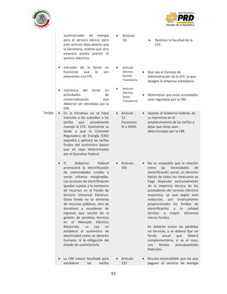 51
suministrador de energía
para el servicio básico, pero
este artículo deja abierta que
la Secretaría, ordene que otra
empresa pueda prestar el
servicio eléctrico.
Intrusión de la Sener en
funciones que le son
inherentes a la CFE.
Injerencia del Sener en
actividades de
comercialización que
debieran ser atendidas por la
CRE.
Artículo
55.
Artículo
Décimo
Quinto
Transitorio
.
Artículo
Décimo
Sexto
Transitorio
.
Restituir la facultad de la
CFE.
Que sea el Consejo de
Administración de la CFE, la que
designe la empresa subsidiaria.
Determinar que estas actividades
sean reguladas por la CRE.
Tarifas En la Iniciativa no se hace
mención a los subsidios a las
tarifas que actualmente
maneja la CFE. Solamente se
alude a que la Comisión
Reguladora de Energía (CRE)
expedirá y aplicará las tarifas
finales del suministro básico
que no sean determinadas
por el Ejecutivo Federal.
El Gobierno Federal
promoverá la electrificación
de comunidades rurales y
zonas urbanas marginadas.
Las acciones de electrificación
quedan sujetas a la existencia
de recursos en el Fondo de
Servicio Universal Eléctrico.
Dicho fondo no se alimenta
de recursos públicos, sino de
donativos y excedente de
ingresos que resulte de la
gestión de pérdidas técnicas
en el Mercado Eléctrico
Mayorista. La Ley no
establece el suministro de
electricidad como un derecho
humano, ni la obligación del
Estado de suministrarla.
La CRE estará facultada para
establecer las tarifas
Artículo
12
fracciones
IV y XXXIII
Artículo
102
Artículo
122
Apartar al Gobierno Federal, de
su injerencia en el
establecimiento de las tarifas y
dejar que éstas sean
determinadas por la CRE.
No es aceptable que la relación
entre las necesidades de
electrificación social, un derecho
básico de todos los mexicanos se
haga depender exclusivamente
de la impericia técnica de los
prestadores del servicio eléctrico
mayorista, ya que según esta
redacción, son inversamente
proporcionales los fondos de
electrificación a la calidad
técnica: a mayor eficiencia
menos fondos.
Se deberán incluir las pérdidas
no técnicas, y se deberá fijar un
fondo anual que deberá
complementarse, si es el caso,
con fondos presupuestales
federales.
Resulta inconcebible que los que
paguen el servicio de energía
 