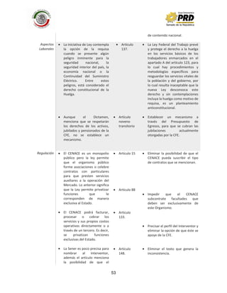 53
de contenido nacional.
Aspectos
Laborales
La iniciativa de Ley contempla
la opción de la requisa
cuando se presente algún
peligro inminente para la
seguridad nacional, la
seguridad interior del país, la
economía nacional o la
Continuidad del Suministro
Eléctrico. Entre estos
peligros, está considerado el
derecho constitucional de la
Huelga.
Aunque el Dictamen,
menciona que se respetarán
los derechos de los activos,
jubilados y pensionados de la
CFE, no se establece un
mecanismo.
Artículo
137.
Artículo
noveno
transitorio
La Ley Federal del Trabajo prevé
y protege el derecho a la huelga
en los servicios básicos de los
trabajadores enmarcados en el
apartado A del artículo 123, para
lo cual hay procedimientos y
metodologías específicos para
resguardar los servicios vitales de
la población y del gobierno, por
lo cual resulta inaceptable que la
nueva Ley desconozca este
derecho y sin contemplaciones
incluya la huelga como motivo de
requisa, es un planteamiento
anticonstitucional.
Establecer un mecanismo a
través del Presupuesto de
Egresos, para que se cubran las
jubilaciones actualmente
otorgadas por la CFE.
Regulación El CENACE es un monopolio
público pero la ley permite
que el organismo público
forme asociaciones o celebre
contratos con particulares
para que presten servicios
auxiliares a la operación del
Mercado. Lo anterior significa
que la Ley permite privatizar
funciones que le
corresponden de manera
exclusiva al Estado.
El CENACE podrá facturar,
procesar o cobrar los
servicios y sus propios costos
operativos directamente o a
través de un tercero. Es decir,
se privatizan funciones
exclusivas del Estado.
La Sener es poco precisa para
nombrar al Interventor,
además el artículo menciona
la posibilidad de que el
Artículo 15
Artículo 88
Artículo
133.
Artículo
148.
Eliminar la posibilidad de que el
CENACE pueda suscribir el tipo
de contratos que se mencionan.
Impedir que el CENACE
subcontrate facultades que
deben ser exclusivamente de
este Organismo.
Precisar el perfil del Interventor y
eliminar la opción de que éste se
apoye de la CFE.
Eliminar el texto que genera la
inconsistencia.
 