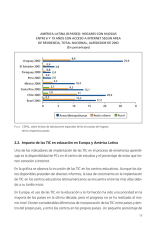 2.2. Impacto de las TIC en educación en Europa y América Latina
Uno de los indicadores de implantación de las TIC en el proceso de enseñanza aprendi-
zaje es la disponibilidad de PCs en el centro de estudios y el porcentaje de estos que tie-
nen conexión a Internet.
En la gráfica se observa la incursión de las TIC en los centros educativos. Aunque los da-
tos disponibles proceden de diversos informes, la tasa de crecimiento en la implantación
de TIC en los centros educativos latinoamericanos se encuentra entre las más altas debi-
do a su tardío inicio.
En Europa, el uso de las TIC en la educación y la formación ha sido una prioridad en la
mayoría de los países en la última década, pero el progreso no se ha realizado al mis-
mo nivel. Existen considerables diferencias de incorporación de las TIC entre países y den-
tro del propio país, y entre los centros en los propios países. Un pequeño porcentaje de
15
FUENTE: CEPAL, sobre la base de tabulaciones especiales de las encuestas de hogares
de los respectivos países
AMÉRICA LATINA (8 PAÍSES): HOGARES CON HIJOS/AS
ENTRE 6 Y 19 AÑOS CON ACCESO A INTERNET SEGÚN ÁREA
DE RESIDENCIA, TOTAL NACIONAL, ALREDEDOR DE 2003
(En porcentajes)
Uruguay 2002
El Salvador 2001
Paraguay 2000
Perú 2003
México 2004
Costa Rica 2003
Chile 2003
Brasil 2003
Áreas Metropolitanas Resto urbano Rural
0 5 10 15 20 30 0
8,9
25,9
0,9
0,8
0,4
3,8
2,4
2,6
3,2
2,1
1,6 11
20,4
0,5 10,5
17,2
10,4
8,2
13,1
944296SemanaMono001 086.qxd 29/10/07 19:18 Página 15
 
