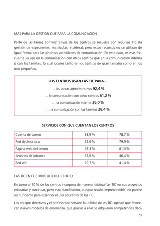 MÁS PARA LA GESTIÓN QUE PARA LA COMUNICACIÓN
Parte de las tareas administrativas de los centros se resuelve con recursos TIC (la
gestión de expedientes, matrículas, etcétera), pero estos recursos no se utilizan de
igual forma para las distintas actividades de comunicación. En este caso, es más fre-
cuente su uso en la comunicación con otros centros que en la comunicación interna
o con las familias, lo cual ocurre tanto en los centros de gran tamaño como en los
más pequeños.
SERVICIOS CON QUE CUENTAN LOS CENTROS
LAS TIC EN EL CURRÍCULO DEL CENTRO
En torno al 70% de los centros incorpora de manera habitual las TIC en sus proyectos
educativo y curricular, pero esta planificación, aunque resulta imprescindible, no parece
ser suficiente para extender el uso educativo de las TIC.
Los equipos directivos y el profesorado señalan la utilidad de las TIC: opinan que favore-
cen nuevos modelos de enseñanza, que gracias a ellas se adquieren competencias deci-
55
Cuenta de correo 83,9% 78,7%
Red de área local 52,6% 79,9%
Página web del centro 45,3% 81,3%
Servicios de intranet 32,8% 46,4%
Red wifi 29,7% 41,4%
LOS CENTROS USAN LAS TIC PARA....
… las tareas administrativas 92,4%
… la comunicación con otros centros 61,2%
… la comunicación interna 36,0%
… la comunicación con las familias 28,4%
944296SemanaMono001 086.qxd 29/10/07 19:18 Página 55
 