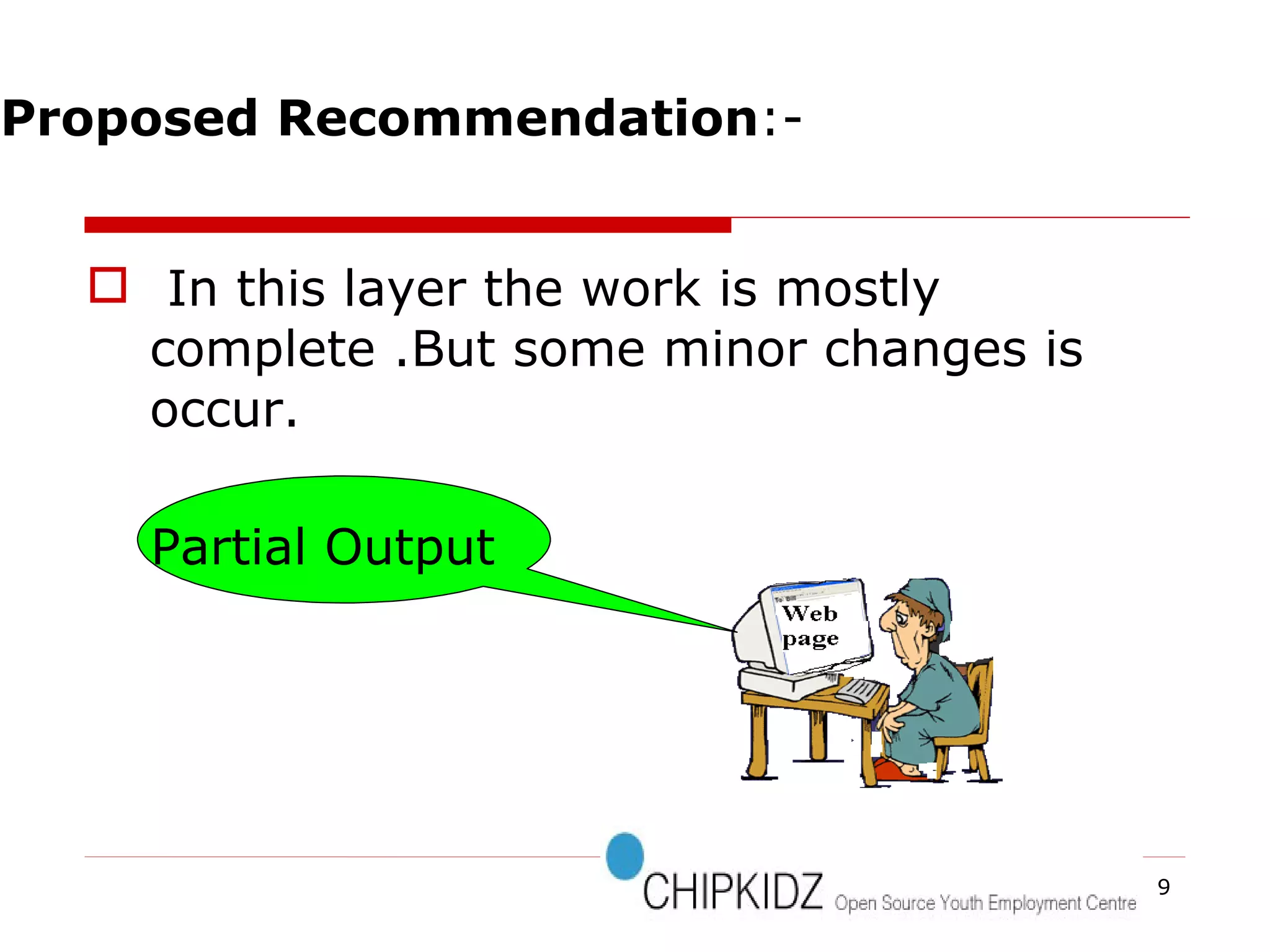 In this layer the work is mostly complete .But some minor changes is occur.  Partial Output Proposed Recommendation :- 