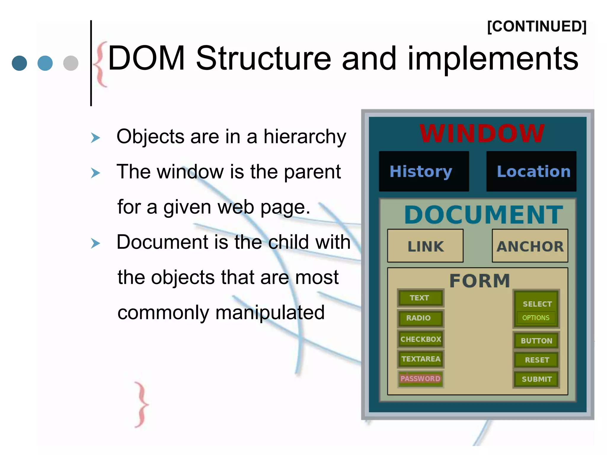 DOM Structure and implements
 Objects are in a hierarchy
 The window is the parent
for a given web page.
 Document is the child with
the objects that are most
commonly manipulated
[CONTINUED]
 