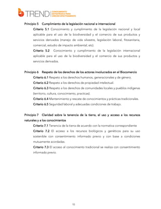 Principio 5

Cumplimiento de la legislación nacional e internacional

Criterio 5.1 Conocimiento y cumplimiento de la legislación nacional y local
aplicable para el uso de la biodiversidad y el comercio de sus productos y
servicios derivados (manejo de vida silvestre, legislación laboral, fitosanitaria,
comercial, estudio de impacto ambiental, etc).
Criterio 5.2

Conocimiento y cumplimiento de la legislación internacional

aplicable para el uso de la biodiversidad y el comercio de sus productos y
servicios derivados.
Principio 6

involucrados
Respeto de los derechos de los actores involucrados en el Biocomercio

Criterio 6.1 Respeto a los derechos humanos, generacionales y de género.
Criterio 6.2 Respeto a los derechos de propiedad intelectual.
Criterio 6.3 Respeto a los derechos de comunidades locales y pueblos indígenas
(territorio, cultura, conocimiento, practicas).
Criterio 6.4 Mantenimiento y rescate de conocimientos y prácticas tradicionales.
Criterio 6.5 Seguridad laboral y adecuadas condiciones de trabajo.
Principio 7

Claridad sobre la tenencia de la tierra, el uso y acceso a los recursos

naturales y a los conocimientos
Criterio 7.1 Tenencia de la tierra de acuerdo con la normativa correspondiente
Criterio 7.2 El acceso a los recursos biológicos y genéticos para su uso
sostenible con consentimiento informado previo y con base a condiciones
mutuamente acordadas.
Criterio 7.3 El acceso al conocimiento tradicional se realiza con consentimiento
informado previo.

10

 