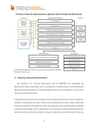 Contexto, niveles de implementación y aplicación de los Principios de Biocomercio.
PRINCIPIOS DE BIOCOMERCIO

MANDATO

ENFOQUE

P1. Conservación

Objetivos del
Convenio de
Diversidad
Biológica

P2. Uso sostenible
Manejo
adaptativo
P3. Distribución equitativa de beneficios

Objetivos de
Desarrollo
Sostenible (CDSODM)

Cadena de
valor

P4. Sostenibilidad socio - económica

P5. Cumplimiento de la legislación

Enfoque
ecosistémico

P6. Respeto de los derechos de actores

Otros (AMUMA,
CITES, CNULD,
RAMSAR)

P7. Claridad de derechos de la tenencia de la tierra y uso de los
recursos

IMPLEMENTACIÓN

Programas y redes de trabajo nacionales e internacionales

APLICACIONES
Guía para organizaciones productivas
Apoyo a cadenas de valor

Cadenas de valor y organizaciones

Manejo de recursos naturales

* Tomado de UNCTAD Biotrade Initative, Principios y Criterios de Biocomercio, ONU 2007

Apoyo financiero (fondos)
Evaluación de impacto
Verificación

* Elaboración: Andrés Terreros

5. Productos y Servicios de Biocomercio
De acuerdo a la Iniciativa Biocomercio de la UNCTAD, las actividades de
Biocomercio están orientadas hacia la producción, transformación y comercialización
de productos derivados de un uso sustentable de los recursos biológicos o la provisión
de servicios de esos recursos.
Los productos de biocomercio pueden incluir aquellos que provienen de la recolección
silvestre o de prácticas de cultivo. Dentro de las prácticas de cultivo, están contenidos
todos los productos derivados del cultivo de especies nativas (domesticadas y salvajes)
a través de actividades como la agricultura o la acuacultura, mientras que los productos
derivados de la recolección silvestre incluyen productos provenientes de la flora (ej.

12

 