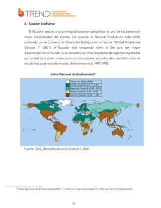 Biodiverso
6. Ecuador Biodiverso
El Ecuador, gracias a su privilegiada posición geográfica, es uno de los países con
mayor biodiversidad del planeta. De acuerdo al National Biodiversity Index (NBI)
publicado por el Convenio de Diversidad Biológica en su reporte “Global Biodiversity
Outlook 1” (2001), el Ecuador esta ranqueado como el 5to país con mayor
Biodiversidad en el mundo. Si se considera las cifras reportadas de especies registradas
por unidad de área en comparación con otros países, se podría decir que el Ecuador es
el país más biodiverso del mundo. (Mittermeier et al, 1997,1998).
Índice Nacional de Biodiversidad17
Datos no disponibles
Primer Cuantil: 0.11 - 0.44
Segundo Cuantil: 0.45 - 0.55
Tercer Cuantil: 0.56 - 0.65
Cuarto Cuantil: 0.66 - 1.00

Fuente: CDB, Global Biodiversity Outlook 1, 2001.

17

Índice Nacional de Biodiversidad (INB), 1 = País con mayor diversidad, 0 = País con menor biodiversidad.

33

 
