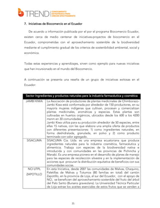 7. Iniciativas de Biocomercio en el Ecuador
De acuerdo a información publicada por el por el programa Biocomercio Ecuador,
existen cerca de medio centenar de iniciativas-proyectos de biocomercio en el
Ecuador, comprometidas con el aprovechamiento sostenible de la biodiversidad
mediante el cumplimiento gradual de los criterios de sostenibilidad ambiental, social y
económica.
Todas estas experiencias y aprendizajes, sirven como ejemplo para nuevas iniciativas
que han incursionado en el mundo del Biocomercio.
A continuación se presenta una reseña de un grupo de iniciativas exitosas en el
Ecuador:
Sector Ingredientes y productos naturales para la industria farmacéutica y cosmética
JAMBI KIWA

SISACUMA

NCI UTPL
ZAPOTILLO

La Asociación de productores de plantas medicinales de ChimborazoJambi Kiwa está conformada por alrededor de 150 productores, en su
mayoría mujeres indígenas que cultivan, procesan y comercializan
plantas medicinales, aromáticas y especias. Estas plantas son
cultivadas en huertos orgánicos, ubicados desde los 600 a los 4200
msnm en 30 comunidades.
Jambi Kiwa utiliza para su producción alrededor de 50 especies, entre
ellas 15 nativas, con las que elabora una amplia oferta de productos
con diferentes presentaciones: 1) como ingredientes naturales, en
forma deshidratada, granulada, en polvo y 2) como producto
terminado con valor agregado.
SISACUMA Cia. Ltda. es una empresa ecuatoriana que produce
ingredientes naturales para la industria cosmética, farmacéutica y
alimenticia. Trabaja con especies de la biodiversidad nativa e
introducida y con comunidades en las provincias de Pichincha y
Manabí. Es una empresa pionera en el desarrollo de planes de manejo
para las especies de recolección silvestre y en la implementación de
acciones que procuran la distribución equitativa de beneficios con sus
comunidades socias.
En esta Iniciativa, desde 2007 las comunidades de Malvas, Chaquino,
Paletillas de Malvas y Totumos (80 familias en total) del cantón
Zapotillo, en la provincia de Loja, al sur del Ecuador, con el apoyo de
NCI, se beneficien del aprovechamiento sostenible del fruto del árbol
del Palo Santo (Bursera graveolans). La Universidad Técnica Particular
de Loja extrae los aceites esenciales de estos frutos que se venden a

35

 