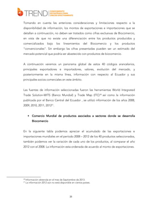Tomando en cuenta las anteriores consideraciones y limitaciones respecto a la
disponibilidad de información, los montos de exportaciones e importaciones que se
detallan a continuación, no deben ser tratados como cifras exclusivas de Biocomercio,
en vista de que no existe una diferenciación entre los productos producidos y
comercializados

bajo

los

lineamientos

del

Biocomercio

y

los

productos

“convencionales”. Sin embargo las cifras presentadas pueden ser un estimado del
mercado potencial que podría ser abastecido con productos de biocomercio.
A continuación veremos un panorama global de estos 40 códigos arancelarios,
principales exportadores e importadores, valores, evolución del mercado, y
posteriormente en la misma línea, información con respecto al Ecuador y sus
principales socios comerciales en este ámbito.
Las fuentes de información seleccionadas fueron las herramientas World Integrated
Trade Solution-WITS (Banco Mundial) y Trade Map (ITC) 20 así como la información
publicada por el Banco Central del Ecuador , se utilizó información de los años 2008,
2009, 2010, 2011, 201221.

•

Comercio Mundial de productos asociados a sectores donde se desarrolla
Biocomercio

En la siguiente tabla podemos apreciar el acumulado de las exportaciones e
importaciones mundiales en el período 2008 – 2012 de los 40 productos seleccionados,
también podemos ver la variación de cada uno de los productos, al comparar el año
2012 con el 2008. La información esta ordenada de acuerdo al monto de exportaciones.

20
21

Información obtenida en el mes de Septiembre de 2013.
La información 2012 aún no está disponible en ciertos países.

38

 