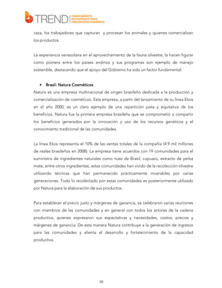 caza, los trabajadores que capturan y procesan los animales y quienes comercializan
los productos.
La experiencia venezolana en el aprovechamiento de la fauna silvestre, la hacen figurar
como pionera entre los países andinos y sus programas son ejemplo de manejo
sostenible, destacando que el apoyo del Gobierno ha sido un factor fundamental.

•

Brasil: Natura Cosméticos

Natura es una empresa multinacional de origen brasileño dedicada a la producción y
comercialización de cosméticos. Esta empresa, a partir del lanzamiento de su línea Ekos
en el año 2000, es un claro ejemplo de una repartición justa y equitativa de los
beneficios. Natura fue la primera empresa brasileña que se comprometió a compartir
los beneficios generados por la innovación y uso de los recursos genéticos y el
conocimiento tradicional de las comunidades.
La línea Ekos representa el 10% de las ventas totales de la compañía (4.9 mil millones
de reales brasileños en 2008). La empresa tiene acuerdos con 19 comunidades para el
suministro de ingredientes naturales como nuez de Brasil, cupuazú, extracto de yerba
mate, entre otros ingredientes; estas comunidades han vivido de la recolección silvestre
utilizando técnicas que han permanecido prácticamente invariables por varias
generaciones. Todo lo recolectado por estas comunidades es posteriormente utilizado
por Natura para la elaboración de sus productos.
Para establecer el precio justo y márgenes de ganancia, se celebraron varias reuniones
con miembros de las comunidades y en general con todos los actores de la cadena
productiva, quienes expresaron sus expectativas y necesidades, costos, precios y
márgenes de ganancia. De esta manera Natura contribuye a la generación de ingresos
para las comunidades y alienta el desarrollo y fortalecimiento de la capacidad
productiva.

58

 