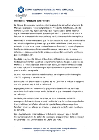 CÁMARA DE COMERCIO Y ACTIVIDADES AFINES DE MALARGÜE.
Sociedad Civil - Personería Jurídica nº 875 / 65
Comandante Rodríguez...