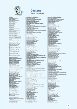 7
Diretoria
Triênio 2016/2018
PRESIDENTE:
Luciana Rodrigues Silva (BA)
1º VICE-PRESIDENTE:
Clóvis Francisco Constantino (SP)
2º VICE-PRESIDENTE:
Edson Ferreira Liberal (RJ)
SECRETÁRIO GERAL:
Sidnei Ferreira (RJ)
1º SECRETÁRIO:
Cláudio Hoineff (RJ)
2º SECRETÁRIO:
Paulo de Jesus Hartmann Nader (RS)
3º SECRETÁRIO:
Virgínia Resende Silva Weffort (MG)
DIRETORIA FINANCEIRA:
Maria Tereza Fonseca da Costa (RJ)
2ª DIRETORIA FINANCEIRA:
Ana Cristina Ribeiro Zöllner (SP)
3ª DIRETORIA FINANCEIRA:
Fátima Maria Lindoso da Silva Lima (GO)
DIRETORIA DE INTEGRAÇÃO REGIONAL:
Fernando Antônio Castro Barreiro (BA)
Membros:
Hans Walter Ferreira Greve (BA)
Eveline Campos Monteiro de Castro (CE)
Alberto Jorge Félix Costa (MS)
Analíria Moraes Pimentel (PE)
Corina Maria Nina Viana Batista (AM)
Adelma Alves de Figueiredo (RR)
COORDENADORES REGIONAIS:
Norte:
Bruno Acatauassu Paes Barreto (PA)
Nordeste:
Anamaria Cavalcante e Silva (CE)
Sudeste:
Luciano Amedée Péret Filho (MG)
Sul:
Darci Vieira Silva Bonetto (PR)
Centro-oeste:
Regina Maria Santos Marques (GO)
ASSESSORES DA PRESIDÊNCIA:
Assessoria para Assuntos Parlamentares:
Marun David Cury (SP)
Assessoria de Relações Institucionais:
Clóvis Francisco Constantino (SP)
Assessoria de Políticas Públicas:
Mário Roberto Hirschheimer (SP)
Rubens Feferbaum (SP)
Maria Albertina Santiago Rego (MG)
Sérgio Tadeu Martins Marba (SP)
Assessoria de Políticas Públicas – Crianças e
Adolescentes com Deﬁciência:
Alda Elizabeth Boehler Iglesias Azevedo (MT)
Eduardo Jorge Custódio da Silva (RJ)
Assessoria de Acompanhamento da Licença
Maternidade e Paternidade:
João Coriolano Rego Barros (SP)
Alexandre Lopes Miralha (AM)
Ana Luiza Velloso da Paz Matos (BA)
Assessoria para Campanhas:
Conceição Aparecida de Mattos Segre (SP)
GRUPOS DE TRABALHO:
Drogas e Violência na Adolescência:
Evelyn Eisenstein (RJ)
Doenças Raras:
Magda Maria Sales Carneiro Sampaio (SP)
Metodologia Cientíﬁca:
Gisélia Alves Pontes da Silva (PE)
Cláudio Leone (SP)
Pediatria e Humanidade:
Álvaro Jorge Madeiro Leite (CE)
Luciana Rodrigues Silva (BA)
Christian Muller (DF)
João de Melo Régis Filho (PE)
Transplante em Pediatria:
Themis Reverbel da Silveira (RS)
Irene Kazue Miura (SP)
Carmen Lúcia Bonnet (PR)
Adriana Seber (SP)
Paulo Cesar Koch Nogueira (SP)
Fabiana Carlese (SP)
DIRETORIA E COORDENAÇÕES:
DIRETORIA DE QUALIFICAÇÃO E CERTIFICAÇÃO
PROFISSIONAL
Maria Marluce dos Santos Vilela (SP)
COORDENAÇÃO DO CEXTEP:
Hélcio Villaça Simões (RJ)
COORDENAÇÃO DE ÁREA DE ATUAÇÃO
Mauro Batista de Morais (SP)
COORDENAÇÃO DE CERTIFICAÇÃO PROFISSIONAL
José Hugo de Lins Pessoa (SP)
DIRETORIA DE RELAÇÕES INTERNACIONAIS
Nelson Augusto Rosário Filho (PR)
REPRESENTANTE NO GPEC (Global Pediatric Education
Consortium)
Ricardo do Rego Barros (RJ)
REPRESENTANTE NA ACADEMIA AMERICANA DE PEDIATRIA (AAP)
Sérgio Augusto Cabral (RJ)
REPRESENTANTE NA AMÉRICA LATINA
Francisco José Penna (MG)
DIRETORIA DE DEFESA PROFISSIONAL, BENEFÍCIOS E PREVIDÊNCIA
Marun David Cury (SP)
DIRETORIA-ADJUNTA DE DEFESA PROFISSIONAL
Sidnei Ferreira (RJ)
Cláudio Barsanti (SP)
Paulo Tadeu Falanghe (SP)
Cláudio Orestes Britto Filho (PB)
Mário Roberto Hirschheimer (SP)
João Cândido de Souza Borges (CE)
COORDENAÇÃO VIGILASUS
Anamaria Cavalcante e Silva (CE)
Fábio Elíseo Fernandes Álvares Leite (SP)
Jussara Melo de Cerqueira Maia (RN)
Edson Ferreira Liberal (RJ)
Célia Maria Stolze Silvany ((BA)
Kátia Galeão Brandt (PE)
Elizete Aparecida Lomazi (SP)
Maria Albertina Santiago Rego (MG)
Isabel Rey Madeira (RJ)
Jocileide Sales Campos (CE)
COORDENAÇÃO DE SAÚDE SUPLEMENTAR
Maria Nazareth Ramos Silva (RJ)
Corina Maria Nina Viana Batista (AM)
Álvaro Machado Neto (AL)
Joana Angélica Paiva Maciel (CE)
Cecim El Achkar (SC)
Maria Helena Simões Freitas e Silva (MA)
COORDENAÇÃO DO PROGRAMA DE GESTÃO DE CONSULTÓRIO
Normeide Pedreira dos Santos (BA)
DIRETORIA DOS DEPARTAMENTOS CIENTÍFICOS E COORDENAÇÃO
DE DOCUMENTOS CIENTÍFICOS
Dirceu Solé (SP)
DIRETORIA-ADJUNTA DOS DEPARTAMENTOS CIENTÍFICOS
Lícia Maria Oliveira Moreira (BA)
DIRETORIA DE CURSOS, EVENTOS E PROMOÇÕES
Lilian dos Santos Rodrigues Sadeck (SP)
COORDENAÇÃO DE CONGRESSOS E SIMPÓSIOS
Ricardo Queiroz Gurgel (SE)
Paulo César Guimarães (RJ)
Cléa Rodrigues Leone (SP)
COORDENAÇÃO GERAL DOS PROGRAMAS DE ATUALIZAÇÃO
Ricardo Queiroz Gurgel (SE)
COORDENAÇÃO DO PROGRAMA DE REANIMAÇÃO NEONATAL:
Maria Fernanda Branco de Almeida (SP)
Ruth Guinsburg (SP)
COORDENAÇÃO PALS – REANIMAÇÃO PEDIÁTRICA
Alexandre Rodrigues Ferreira (MG)
Kátia Laureano dos Santos (PB)
COORDENAÇÃO BLS – SUPORTE BÁSICO DE VIDA
Valéria Maria Bezerra Silva (PE)
COORDENAÇÃO DO CURSO DE APRIMORAMENTO EM NUTROLOGIA
PEDIÁTRICA (CANP)
Virgínia Resende S. Weffort (MG)
CONVERSANDO COM O PEDIATRA
Victor Horácio da Costa Júnior (PR)
PORTAL SBP
Flávio Diniz Capanema (MG)
COORDENAÇÃO DO CENTRO DE INFORMAÇÃO CIENTÍFICA
José Maria Lopes (RJ)
PROGRAMA DE ATUALIZAÇÃO CONTINUADA À DISTÂNCIA
Altacílio Aparecido Nunes (SP)
João Joaquim Freitas do Amaral (CE)
DOCUMENTOS CIENTÍFICOS
Luciana Rodrigues Silva (BA)
Dirceu Solé (SP)
Emanuel Sávio Cavalcanti Sarinho (PE)
Joel Alves Lamounier (MG)
DIRETORIA DE PUBLICAÇÕES
Fábio Ancona Lopez (SP)
EDITORES DA REVISTA SBP CIÊNCIA
Joel Alves Lamounier (SP)
Altacílio Aparecido Nunes (SP)
Paulo Cesar Pinho Pinheiro (MG)
Flávio Diniz Capanema (MG)
EDITOR DO JORNAL DE PEDIATRIA
Renato Procianoy (RS)
EDITOR REVISTA RESIDÊNCIA PEDIÁTRICA
Clémax Couto Sant’Anna (RJ)
EDITOR ADJUNTO REVISTA RESIDÊNCIA PEDIÁTRICA
Marilene Augusta Rocha Crispino Santos (RJ)
CONSELHO EDITORIAL EXECUTIVO
Gil Simões Batista (RJ)
Sidnei Ferreira (RJ)
Isabel Rey Madeira (RJ)
Sandra Mara Amaral (RJ)
Bianca Carareto Alves Verardino (RJ)
Maria de Fátima B. Pombo March (RJ)
Sílvio Rocha Carvalho (RJ)
Rafaela Baroni Aurilio (RJ)
COORDENAÇÃO DO PRONAP
Carlos Alberto Nogueira-de-Almeida (SP)
Fernanda Luísa Ceragioli Oliveira (SP)
COORDENAÇÃO DO TRATADO DE PEDIATRIA
Luciana Rodrigues Silva (BA)
Fábio Ancona Lopez (SP)
DIRETORIA DE ENSINO E PESQUISA
Joel Alves Lamounier (MG)
COORDENAÇÃO DE PESQUISA
Cláudio Leone (SP)
COORDENAÇÃO DE PESQUISA-ADJUNTA
Gisélia Alves Pontes da Silva (PE)
COORDENAÇÃO DE GRADUAÇÃO
Rosana Fiorini Puccini (SP)
COORDENAÇÃO ADJUNTA DE GRADUAÇÃO
Rosana Alves (ES)
Suzy Santana Cavalcante (BA)
Angélica Maria Bicudo-Zeferino (SP)
Silvia Wanick Sarinho (PE)
COORDENAÇÃO DE PÓS-GRADUAÇÃO
Victor Horácio da Costa Junior (PR)
Eduardo Jorge da Fonseca Lima (PE)
Fátima Maria Lindoso da Silva Lima (GO)
Ana Cristina Ribeiro Zöllner (SP)
Jefferson Pedro Piva (RS)
COORDENAÇÃO DE RESIDÊNCIA E ESTÁGIOS EM PEDIATRIA
Paulo de Jesus Hartmann Nader (RS)
Ana Cristina Ribeiro Zöllner (SP)
Victor Horácio da Costa Junior (PR)
Clóvis Francisco Constantino (SP)
Silvio da Rocha Carvalho (RJ)
Tânia Denise Resener (RS)
Delia Maria de Moura Lima Herrmann (AL)
Helita Regina F. Cardoso de Azevedo (BA)
Jefferson Pedro Piva (RS)
Sérgio Luís Amantéa (RS)
Gil Simões Batista (RJ)
Susana Maciel Wuillaume (RJ)
Aurimery Gomes Chermont (PA)
COORDENAÇÃO DE DOUTRINA PEDIÁTRICA
Luciana Rodrigues Silva (BA)
Hélcio Maranhão (RN)
COORDENAÇÃO DAS LIGAS DOS ESTUDANTES
Edson Ferreira Liberal (RJ)
Luciano Abreu de Miranda Pinto (RJ)
COORDENAÇÃO DE INTERCÂMBIO EM RESIDÊNCIA NACIONAL
Susana Maciel Wuillaume (RJ)
COORDENAÇÃO DE INTERCÂMBIO EM RESIDÊNCIA INTERNACIONAL
Herberto José Chong Neto (PR)
DIRETOR DE PATRIMÔNIO
Cláudio Barsanti (SP)
COMISSÃO DE SINDICÂNCIA
Gilberto Pascolat (PR)
Aníbal Augusto Gaudêncio de Melo (PE)
Isabel Rey Madeira (RJ)
Joaquim João Caetano Menezes (SP)
Valmin Ramos da Silva (ES)
Paulo Tadeu Falanghe (SP)
Tânia Denise Resener (RS)
João Coriolano Rego Barros (SP)
Maria Sidneuma de Melo Ventura (CE)
Marisa Lopes Miranda (SP)
CONSELHO FISCAL
Titulares:
Núbia Mendonça (SE)
Nélson Grisard (SC)
Antônio Márcio Junqueira Lisboa (DF)
Suplentes:
Adelma Alves de Figueiredo (RR)
João de Melo Régis Filho (PE)
Darci Vieira da Silva Bonetto (PR)
ACADEMIA BRASILEIRA DE PEDIATRIA
Presidente:
José Martins Filho (SP)
Vice-presidente:
Álvaro de Lima Machado (ES)
Secretário Geral:
Reinaldo de Menezes Martins (RJ)
 