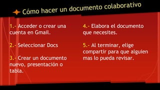 1.- Acceder o crear una
cuenta en Gmail.
2.- Seleccionar Docs
3.- Crear un documento
nuevo, presentación o
tabla.
4.- Elabora el documento
que necesites.
5.- Al terminar, elige
compartir para que alguien
mas lo pueda revisar.
 