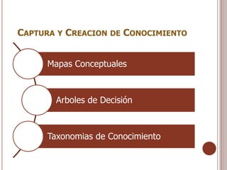 CAPTURA Y CREACION DE CONOCIMIENTO


      Mapas Conceptuales



        Arboles de Decisión



      Taxonomias de Conocimiento
 