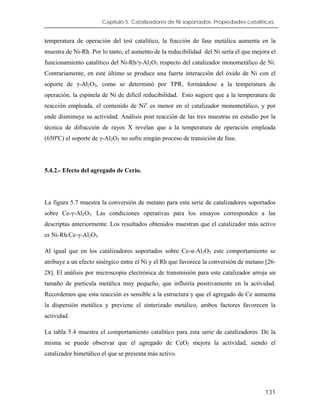 Capítulo 5. Catalizadores de Ni soportados. Propiedades catalíticas.
temperatura de operación del test catalítico, la fracción de fase metálica aumenta en la
muestra de Ni-Rh. Por lo tanto, el aumento de la reducibilidad del Ni sería el que mejora el
funcionamiento catalítico del Ni-Rh/γ-Al2O3 respecto del catalizador monometálico de Ni.
Contrariamente, en este último se produce una fuerte interacción del óxido de Ni con el
soporte de γ-Al2O3, como se determinó por TPR, formándose a la temperatura de
operación, la espinela de Ni de difícil reducibilidad. Esto sugiere que a la temperatura de
reacción empleada, el contenido de Nio
es menor en el catalizador monometálico, y por
ende disminuye su actividad. Análisis post reacción de las tres muestras en estudio por la
técnica de difracción de rayos X revelan que a la temperatura de operación empleada
(650ºC) el soporte de γ-Al2O3 no sufre ningún proceso de transición de fase.
5.4.2.- Efecto del agregado de Cerio.
La figura 5.7 muestra la conversión de metano para esta serie de catalizadores soportados
sobre Ce-γ-Al2O3. Las condiciones operativas para los ensayos corresponden a las
descriptas anteriormente. Los resultados obtenidos muestran que el catalizador más activo
es Ni-Rh/Ce-γ-Al2O3.
Al igual que en los catalizadores soportados sobre Ce-α-Al2O3 este comportamiento se
atribuye a un efecto sinérgico entre el Ni y el Rh que favorece la conversión de metano [26-
28]. El análisis por microscopia electrónica de transmisión para este catalizador arroja un
tamaño de partícula metálica muy pequeño, que influiría positivamente en la actividad.
Recordemos que esta reacción es sensible a la estructura y que el agregado de Ce aumenta
la dispersión metálica y previene el sinterizado metálico, ambos factores favorecen la
actividad.
La tabla 5.4 muestra el comportamiento catalítico para esta serie de catalizadores. De la
misma se puede observar que el agregado de CeO2 mejora la actividad, siendo el
catalizador bimetálico el que se presenta más activo.
131
 