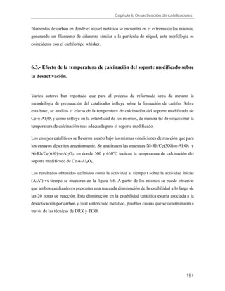 Capítulo 6. Desactivación de catalizadores.
filamentos de carbón en donde el níquel metálico se encuentra en el extremo de los mismos,
generando un filamento de diámetro similar a la partícula de níquel, esta morfología es
coincidente con el carbón tipo whisker.
6.3.- Efecto de la temperatura de calcinación del soporte modificado sobre
la desactivación.
Varios autores han reportado que para el proceso de reformado seco de metano la
metodología de preparación del catalizador influye sobre la formación de carbón. Sobre
esta base, se analizó el efecto de la temperatura de calcinación del soporte modificado de
Ce-α-Al2O3 y como influye en la estabilidad de los mismos, de manera tal de seleccionar la
temperatura de calcinación mas adecuada para el soporte modificado.
Los ensayos catalíticos se llevaron a cabo bajo las mismas condiciones de reacción que para
los ensayos descritos anteriormente. Se analizaron las muestras Ni-Rh/Ce(500)-α-Al2O3 y
Ni-Rh/Ce(650)-α-Al2O3, en donde 500 y 650ºC indican la temperatura de calcinación del
soporte modificado de Ce-α-Al2O3.
Los resultados obtenidos definidos como la actividad al tiempo t sobre la actividad inicial
(A/Aº) vs tiempo se muestran en la figura 6.6. A partir de los mismos se puede observar
que ambos catalizadores presentan una marcada disminución de la estabilidad a lo largo de
las 20 horas de reacción. Esta disminución en la estabilidad catalítica estaría asociada a la
desactivación por carbón y /o al sinterizado metálico, posibles causas que se determinaran a
través de las técnicas de DRX y TGO.
154
 