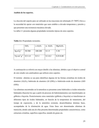 Capítulo 2. Catalizadores en este proceso.
Análisis de los soportes.
La elección del soporte para ser utilizado en las reacciones de reformado (T>700ºC) lleva a
la necesidad de operar con materiales que sean estables a elevada temperatura y presión y
que presenten una resistencia mecánica elevada.
La tabla 2.1 presenta algunas propiedades texturales típicas de estos soportes.
Tabla 2.1. Propiedades texturales.
SiO2 γ-Al2O3 α- Al2O3 MgAl2O4
Sg m2
g-1
50-500 100-200 0.1-5 5-30
Vp cm3
g-1
0.5-1.0 0.5-1 0.1-0.2 0.25-0.40
A continuación se referirá con mayor detalle a las alúminas, debido a que el objetivo central
de este estudio son catalizadores que utilicen estos soportes.
El termino alúmina se usa para identificar algunas de las formas cristalinas de óxidos de
aluminio (Al2O3), hidróxido de aluminio (Al (OH)3) o hidróxido-oxido de aluminio (AlO
(OH)).
Las alúminas encontradas en la naturaleza se presentan como hidróxidos u óxidos minerales
hidratados (bauxita) los que a partir de procesos de hidrotratamientos son transformados en
gibbsita o bayerita. Posteriormente estos materiales (gibbsita o bayerita) se transforman en
diferentes tipos de óxidos hidratados, en función de la temperatura de tratamiento, del
tiempo de exposición, y de la atmósfera existente, desarrollándose distintas fases,
acompañadas de la eliminación de agua. Estas fases son denominadas alúminas de
transición, donde cada una de ellas presenta determinadas propiedades características, como
estructura cristalina, superficie especifica, tamaño de grano etc.
29
 