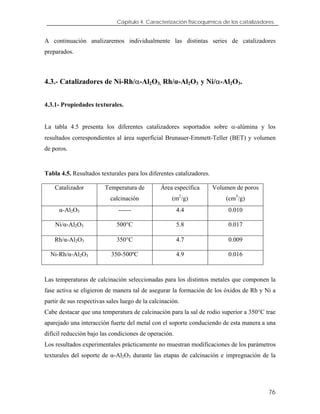 Capítulo 4. Caracterización fisicoquímica de los catalizadores.
A continuación analizaremos individualmente las distintas series de catalizadores
preparados.
4.3.- Catalizadores de Ni-Rh/α-Al2O3, Rh/α-Al2O3 y Ni/α-Al2O3.
4.3.1- Propiedades texturales.
La tabla 4.5 presenta los diferentes catalizadores soportados sobre α-alúmina y los
resultados correspondientes al área superficial Brunauer-Emmett-Teller (BET) y volumen
de poros.
Tabla 4.5. Resultados texturales para los diferentes catalizadores.
Catalizador Temperatura de
calcinación
Área específica
(m2
/g)
Volumen de poros
(cm3
/g)
α-Al2O3 ------ 4.4 0.010
Ni/α-Al2O3 500°C 5.8 0.017
Rh/α-Al2O3 350°C 4.7 0.009
Ni-Rh/α-Al2O3 350-500ºC 4.9 0.016
Las temperaturas de calcinación seleccionadas para los distintos metales que componen la
fase activa se eligieron de manera tal de asegurar la formación de los óxidos de Rh y Ni a
partir de sus respectivas sales luego de la calcinación.
Cabe destacar que una temperatura de calcinación para la sal de rodio superior a 350°C trae
aparejado una interacción fuerte del metal con el soporte conduciendo de esta manera a una
difícil reducción bajo las condiciones de operación.
Los resultados experimentales prácticamente no muestran modificaciones de los parámetros
texturales del soporte de α-Al2O3 durante las etapas de calcinación e impregnación de la
76
 