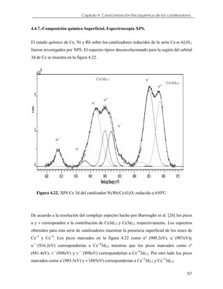 Capítulo 4. Caracterización fisicoquímica de los catalizadores.
4.4.7.-Composición química Superficial. Espectroscopia XPS.
El estado químico de Ce, Ni y Rh sobre los catalizadores reducidos de la serie Ce-α-Al2O3,
fueron investigados por XPS. El espectro típico deconvolucionado para la región del orbital
3d de Ce se muestra en la figura 4.22.
Ce3d3/2 v´
v°
Ce3d5/2
u°
u´
v´´
u´´
´
u´´
Figura 4.22. XPS Ce 3d del catalizador Ni/Rh/CeAl2O3 reducido a 650ºC.
De acuerdo a la resolución del complejo espectro hecho por Burroughs et al. [26] los picos
u y v corresponden a la contribución de Ce3d3/2 y Ce3d5/2 respectivamente. Los espectros
obtenidos para esta serie de catalizadores muestran la presencia superficial de los iones de
Ce+3
y Ce+4
. Los picos marcados en la figura 4.22 como uº (900.2eV), u´´(907eV)y
u´´´(916.2eV) corresponderían a Ce+4
3d3/2 mientras que los picos marcados como vº
(881.4eV), v´´(888eV) y v´´´(898eV) corresponderían a Ce+4
3d5/2. Por otro lado los picos
marcados como u´(903.5eV) y v´(885eV) corresponderían a Ce+3
3d3/2 y Ce+3
3d5/2.
97
 