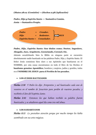 (Mateo 28:19 (Comisión) = (Hechos 2:38 (Aplicación)


Padre, Hijo y Espíritu Santo = Sustantivo Común.
Jesús = Sustantivo Propio.




      Padre              =    Creador.
      Hijo              =    Redentor.            JESUS
      Espíritu Santo =       Consolador.




Padre, Hijo, Espíritu Santo: Son títulos como; Doctor, Ingeniero,
Abogado, Juez, Arquitecto, Licenciando, Coronel, Etc.
Además escudriñando bien la Biblia en ninguna parte se encuentra
absolutamente nadie bautizado en las palabras Padre, Hijo, y Espíritu Santo. El
Señor Jesús comisiono bien claro a sus Apóstoles que bautizaran en el
NOMBRE, por esta causa encontramos en todo el libro de los Hechos el
bautismo genuino Apostólico; hombres y mujeres, judíos y gentiles, todos
en el NOMBRE DE JESUS para el Perdón de los pecados.


    LOS JUDIOS BAUTIZADOS


Hechos 2:38 Y Pedro les dijo: Arrepentíos y sed bautizados cada uno de
vosotros en el nombre de Jesucristo para perdón de vuestros pecados, y
recibiréis el don del Espíritu Santo.
Hechos 2:41      Entonces los que habían recibido su palabra fueron
bautizados; y se añadieron aquel día como tres mil almas.

    LOS SAMARITANOS
Hechos 8:11 Le prestaban atención porque por mucho tiempo los había
asombrado con sus artes mágicas.
 