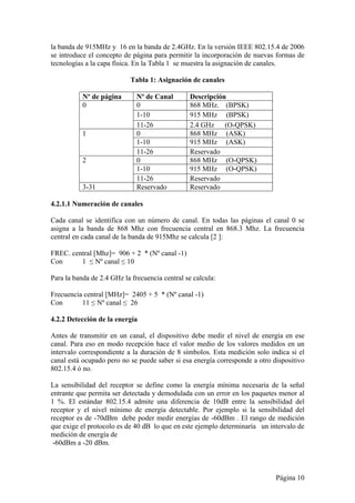 la banda de 915MHz y 16 en la banda de 2.4GHz. En la versión IEEE 802.15.4 de 2006 
se introduce el concepto de página para permitir la incorporación de nuevas formas de 
tecnologías a la capa física. En la Tabla 1 se muestra la asignación de canales. 
Página 10 
Tabla 1: Asignación de canales 
Nº de página Nº de Canal Descripción 
0 0 868 MHz. (BPSK) 
1-10 915 MHz (BPSK) 
11-26 2.4 GHz (O-QPSK) 
1 0 868 MHz (ASK) 
1-10 915 MHz (ASK) 
11-26 Reservado 
2 0 868 MHz (O-QPSK) 
1-10 915 MHz (O-QPSK) 
11-26 Reservado 
3-31 Reservado Reservado 
4.2.1.1 Numeración de canales 
Cada canal se identifica con un número de canal. En todas las páginas el canal 0 se 
asigna a la banda de 868 Mhz con frecuencia central en 868.3 Mhz. La frecuencia 
central en cada canal de la banda de 915Mhz se calcula [2 ]: 
FREC. central [Mhz]= 906 + 2 * (Nº canal -1) 
Con 1 ≤ Nº canal ≤ 10 
Para la banda de 2.4 GHz la frecuencia central se calcula: 
Frecuencia central [MHz]= 2405 + 5 * (Nº canal -1) 
Con 11 ≤ Nº canal ≤ 26 
4.2.2 Detección de la energía 
Antes de transmitir en un canal, el dispositivo debe medir el nivel de energía en ese 
canal. Para eso en modo recepción hace el valor medio de los valores medidos en un 
intervalo correspondiente a la duración de 8 símbolos. Esta medición solo indica si el 
canal está ocupado pero no se puede saber si esa energía corresponde a otro dispositivo 
802.15.4 ó no. 
La sensibilidad del receptor se define como la energía mínima necesaria de la señal 
entrante que permita ser detectada y demodulada con un error en los paquetes menor al 
1 %. El estándar 802.15.4 admite una diferencia de 10dB entre la sensibilidad del 
receptor y el nivel mínimo de energía detectable. Por ejemplo si la sensibilidad del 
receptor es de -70dBm debe poder medir energías de -60dBm . El rango de medición 
que exige el protocolo es de 40 dB lo que en este ejemplo determinaría un intervalo de 
medición de energía de 
-60dBm a -20 dBm. 
 